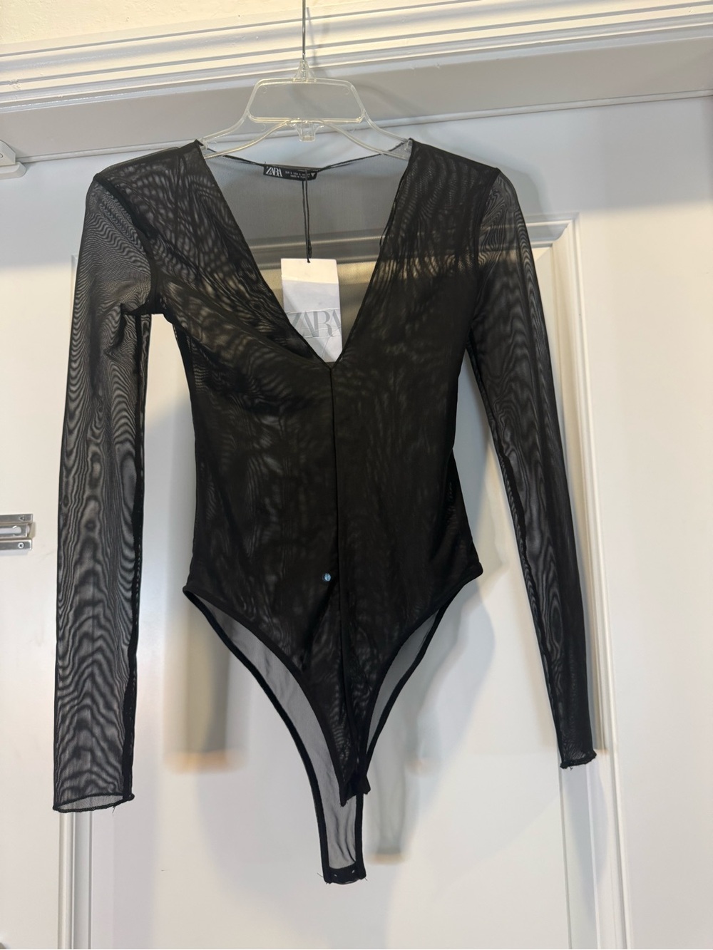 Zara Black Sheer V-Neck Long-Sleeve Mesh Bodysuit